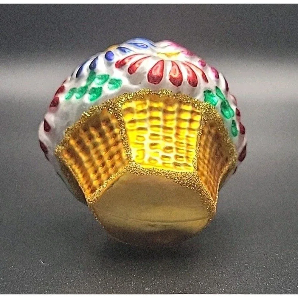 Vintage Czech Republic Blown Glass Flower Basket Christmas Ornament Mini 2.5”